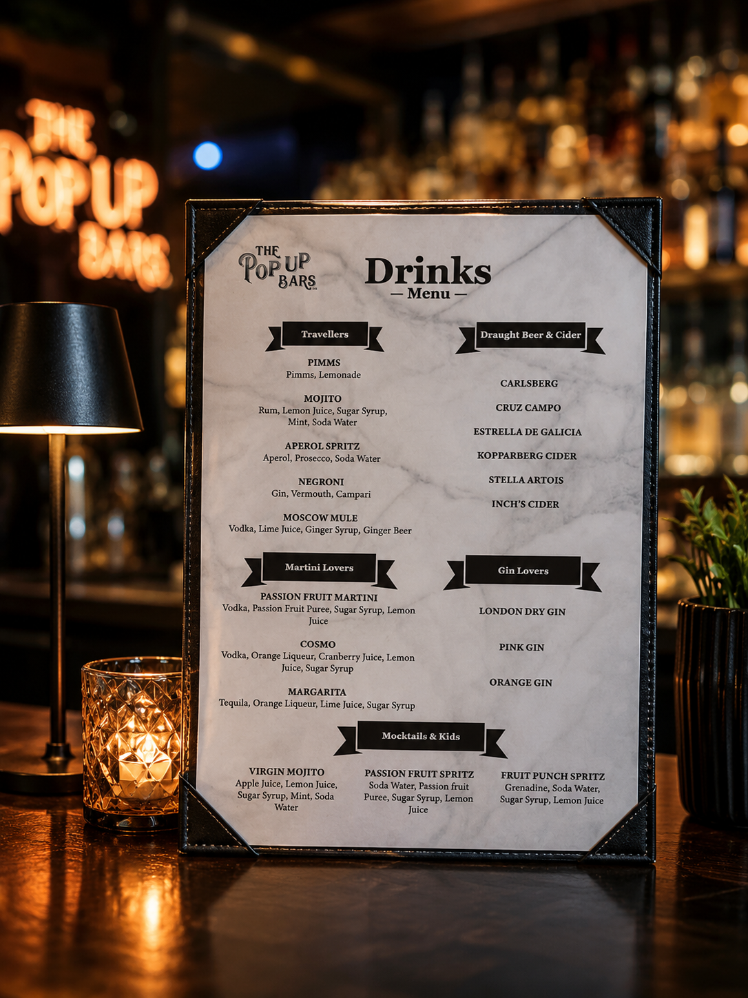 Menu design for The Pop Up Bar in London